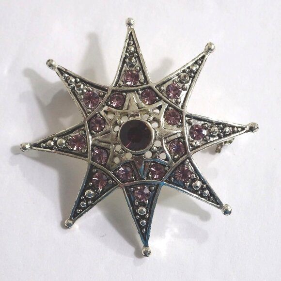 Vintage Starburst Star Brooch Pin With Purple Rhinestone Stones Silver Tone - Picture 2 of 7